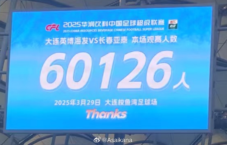 大連英博和長春亞泰吸引60126名觀眾現(xiàn)場觀戰(zhàn)，中超歷史排名第二